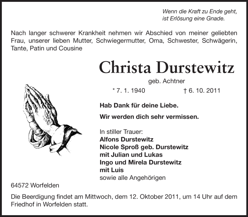  Traueranzeige für Christa Durstewitz vom 11.10.2011 aus Rüsselsheimer Echo, Groß-Gerauer-Echo, Ried Echo