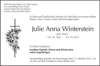 Traueranzeige von Julie Anna Winterstein von Rüsselsheimer Echo, Groß-Gerauer-Echo, Ried Echo