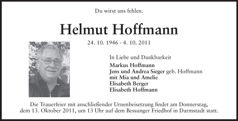  Traueranzeige für Helmut Hoffmann vom 11.10.2011 aus Echo-Zeitungen (Gesamtausgabe)