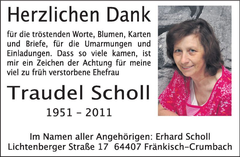  Traueranzeige für Traudel Scholl vom 15.10.2011 aus Odenwälder Echo