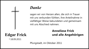Traueranzeige von Edgar Frick von Echo-Zeitungen (Gesamtausgabe)