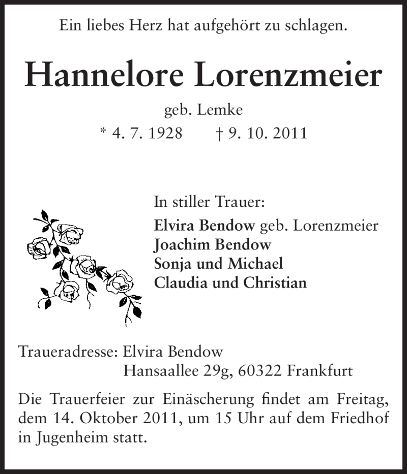  Traueranzeige für Hannelore Lorenzmeier vom 12.10.2011 aus Echo-Zeitungen (Gesamtausgabe)