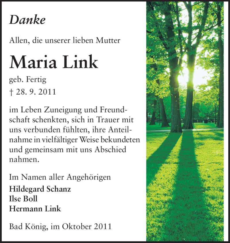  Traueranzeige für Maria Link vom 15.10.2011 aus Odenwälder Echo
