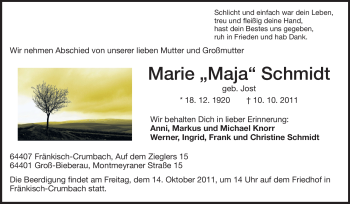 Traueranzeige von Marie Schmidt von Odenwälder Echo