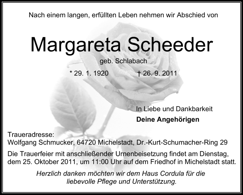  Traueranzeige für Margareta Scheeder vom 18.10.2011 aus Odenwälder Echo