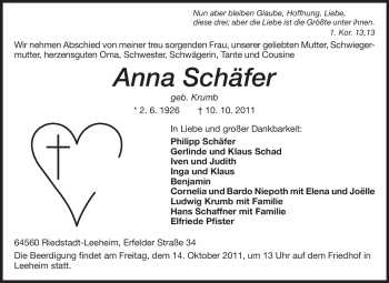 Traueranzeige von Anna Schäfer von Rüsselsheimer Echo, Groß-Gerauer-Echo, Ried Echo