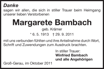 Traueranzeige von Margarete Bambach von Rüsselsheimer Echo, Groß-Gerauer-Echo, Ried Echo
