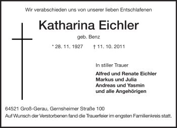 Traueranzeige von Katharina Eichler von Rüsselsheimer Echo, Groß-Gerauer-Echo, Ried Echo