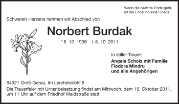 Traueranzeige von Norbert Burdak von Rüsselsheimer Echo, Groß-Gerauer-Echo, Ried Echo