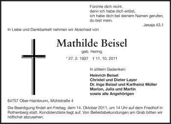 Traueranzeige von Mathilde Beisel von Odenwälder Echo