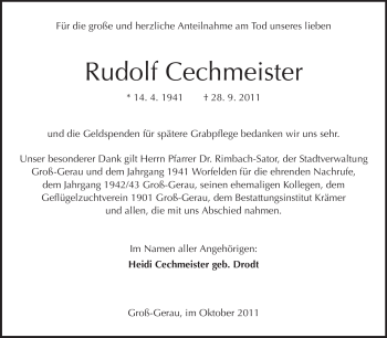 Traueranzeige von Rudolf Cechmeister von Rüsselsheimer Echo, Groß-Gerauer-Echo, Ried Echo