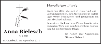 Traueranzeige von Anna Bielesch von Darmstädter Echo, Odenwälder Echo, Rüsselsheimer Echo, Groß-Gerauer-Echo, Ried Echo