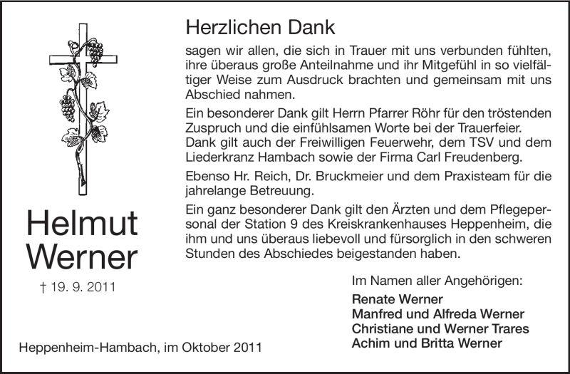  Traueranzeige für Helmut Werner vom 15.10.2011 aus Starkenburger Echo