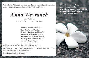 Traueranzeige von Anna Weyrauch von Odenwälder Echo