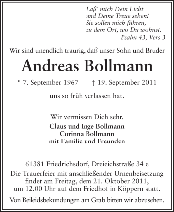 Traueranzeige von Andreas Bollmann von Echo-Zeitungen (Gesamtausgabe)