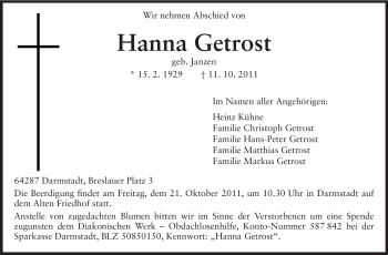 Traueranzeige von Hanna Getrost von Echo-Zeitungen (Gesamtausgabe)
