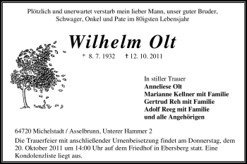 Traueranzeige von Wilhelm Olt von Odenwälder Echo