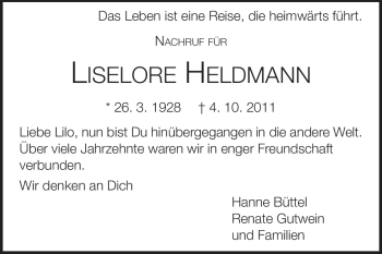 Traueranzeige von Liselore Heldmann von Darmstädter Echo, Odenwälder Echo, Rüsselsheimer Echo, Groß-Gerauer-Echo, Ried Echo