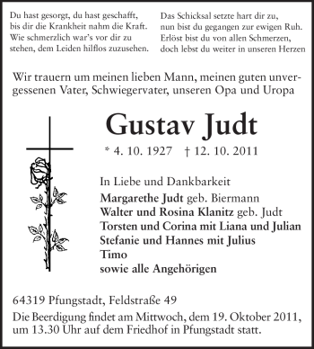 Traueranzeige von Gustav Judt von Echo-Zeitungen (Gesamtausgabe)