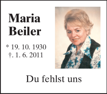 Traueranzeige von Maria Beiler von Rüsselsheimer Echo, Groß-Gerauer-Echo, Ried Echo