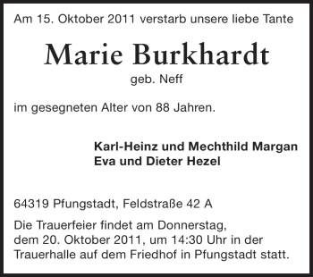 Traueranzeige von Marie Burkhardt von Echo-Zeitungen (Gesamtausgabe)