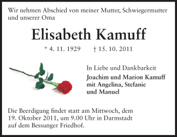 Traueranzeige von Elisabeth Kamuff von Echo-Zeitungen (Gesamtausgabe)