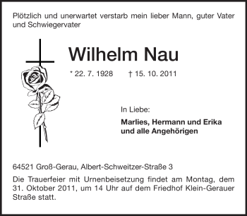 Traueranzeige von Wilhelm Nau von Rüsselsheimer Echo, Groß-Gerauer-Echo, Ried Echo