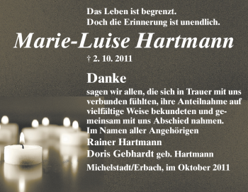 Traueranzeige von Marie-Luise Hartmann von Odenwälder Echo