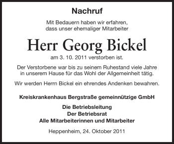 Traueranzeige von Georg Bickel von Starkenburger Echo