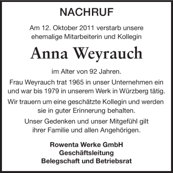 Traueranzeige von Anna Weyrauch von Odenwälder Echo