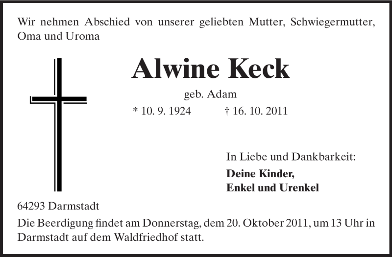  Traueranzeige für Alwine Keck vom 19.10.2011 aus Echo-Zeitungen (Gesamtausgabe)
