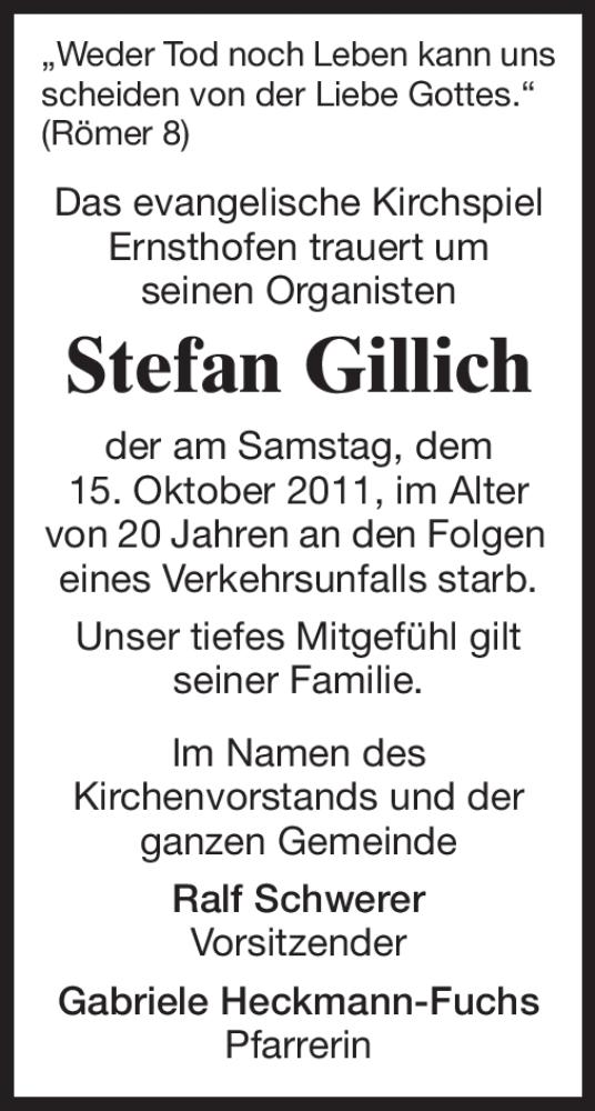  Traueranzeige für Stefan Gillich vom 19.10.2011 aus Echo-Zeitungen (Gesamtausgabe)