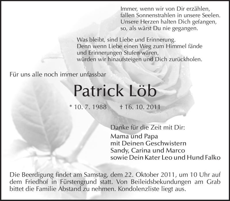  Traueranzeige für Patrick Löb vom 21.10.2011 aus Odenwälder Echo