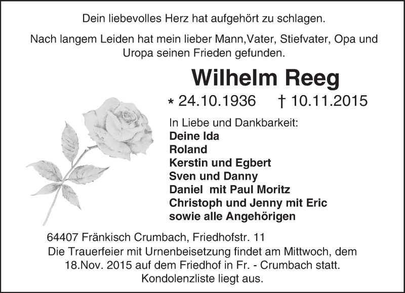  Traueranzeige für Wilhelm Reeg vom 14.11.2015 aus trauer.echo-online.de