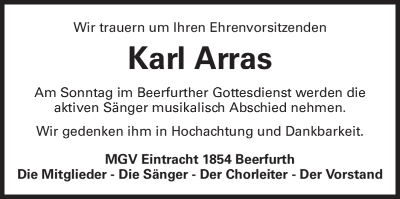  Traueranzeige für Karl Arras vom 20.10.2011 aus Odenwälder Echo