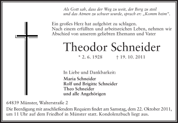 Traueranzeige von Theodor Schneider von Echo-Zeitungen (Gesamtausgabe)