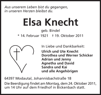 Traueranzeige von Elsa Knecht von Echo-Zeitungen (Gesamtausgabe)