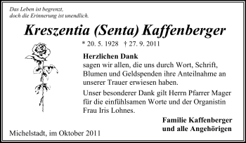 Traueranzeige von Kreszentia (Senta) Kaffenberger von Odenwälder Echo