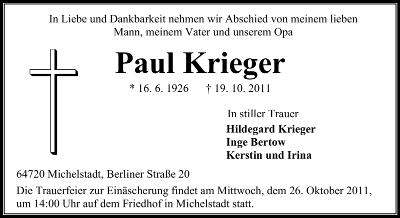  Traueranzeige für Paul Krieger vom 22.10.2011 aus Odenwälder Echo