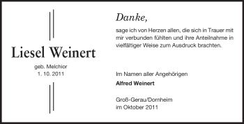 Traueranzeige von Liesel Weinert von Rüsselsheimer Echo, Groß-Gerauer-Echo, Ried Echo