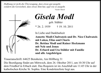 Traueranzeige von Gisela Modl von Odenwälder Echo