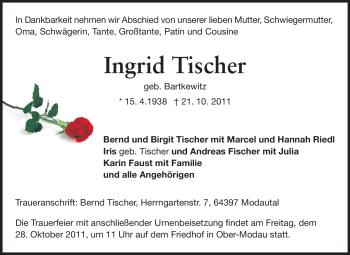 Traueranzeige von Ingrid Tischer von Echo-Zeitungen (Gesamtausgabe)