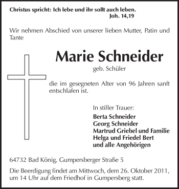 Traueranzeige von Marie Schneider von Odenwälder Echo