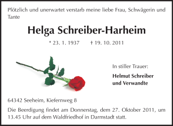 Traueranzeige von Helga Schreiber-Harheim von Echo-Zeitungen (Gesamtausgabe)