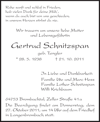 Traueranzeige von Gertrud Schnitzspan von Odenwälder Echo