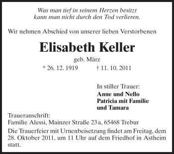 Traueranzeige von Elisabeth Keller von Rüsselsheimer Echo, Groß-Gerauer-Echo, Ried Echo