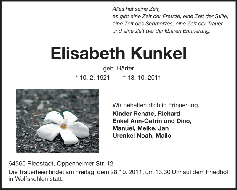  Traueranzeige für Elisabeth Kunkel vom 26.10.2011 aus Rüsselsheimer Echo, Groß-Gerauer-Echo, Ried Echo