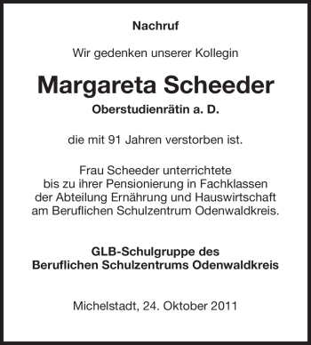 Traueranzeige von Margareta Scheeder von Odenwälder Echo