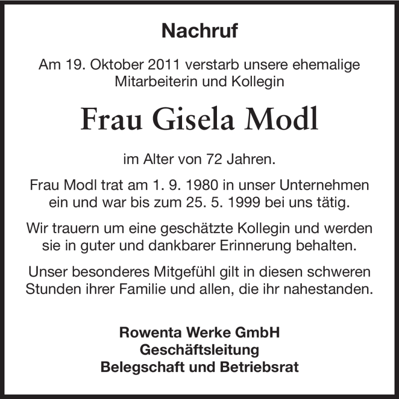  Traueranzeige für Gisela Modl vom 26.10.2011 aus Odenwälder Echo