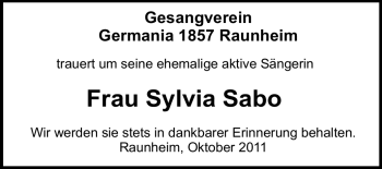 Traueranzeige von Sylvia Sabo von Rüsselsheimer Echo, Groß-Gerauer-Echo, Ried Echo